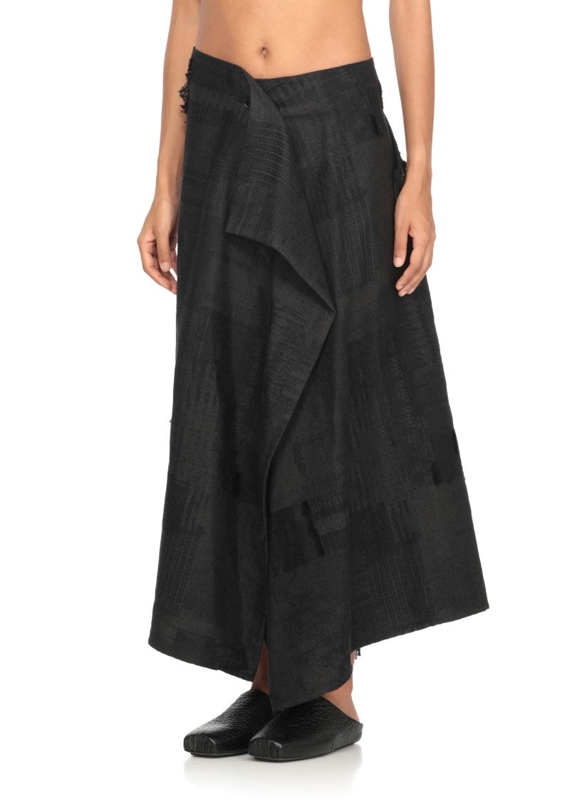 Y's Asymmetrical Dark Grey Midi Skirt With Fringed Details