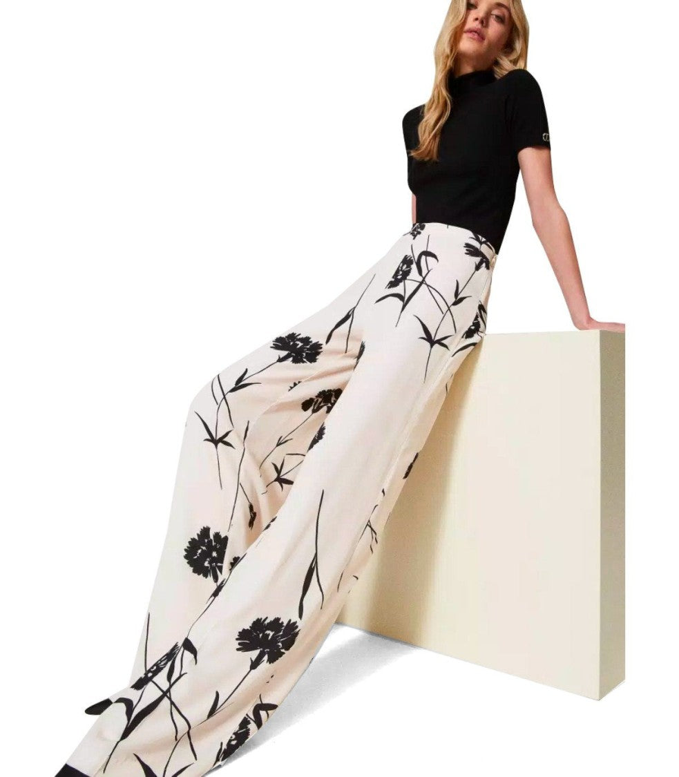 Twin-Set Cream Floral Wide Leg Pants