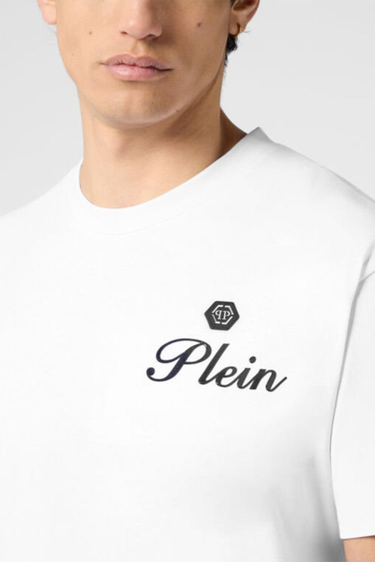 Philipp Plein White Hexagon Logo Embossed Script Cotton T-Shirt