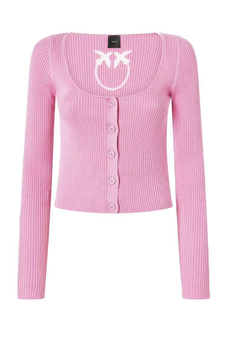 Pinko Pink Scooped Neckline Embroidered Love Birds Silk-Blend Cardigan