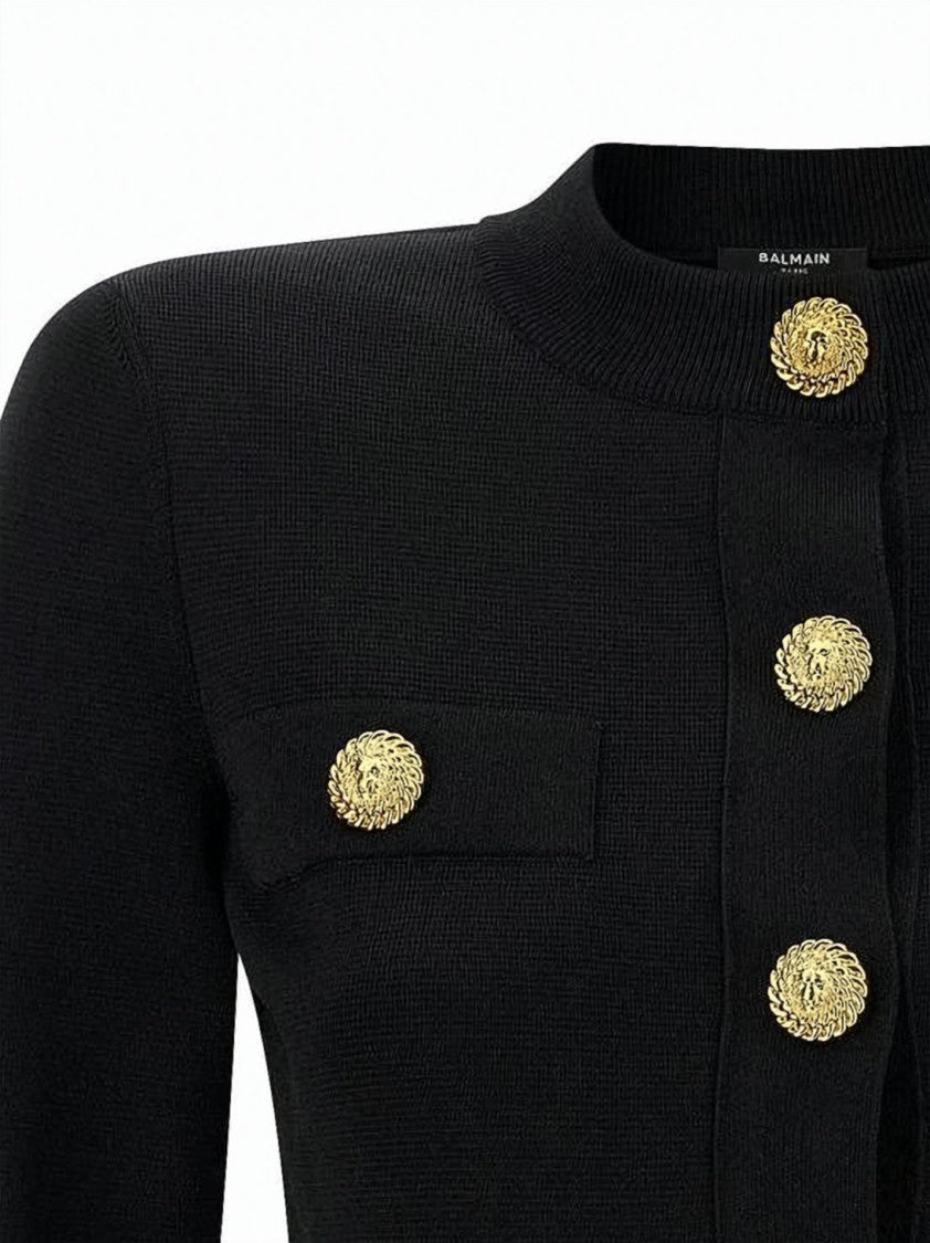 Balmain Cropped Black Cardigan With Gold-Tone Detailing