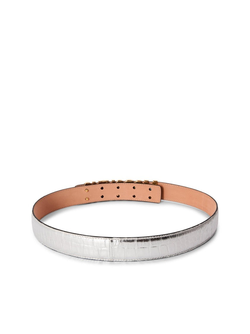 Moschino Silver Logo Lettering Buckle Leather Belt