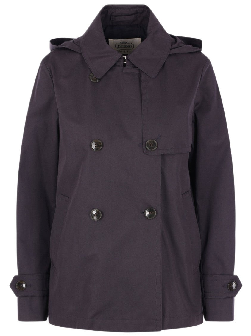 Herno Short Blue Trench Coat With Removable Hood And Double-Breasted Closure