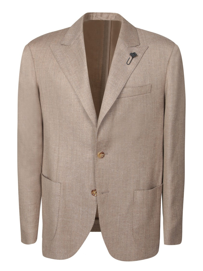 Lardini Beige Wool Twill Blazer With Notched Lapel