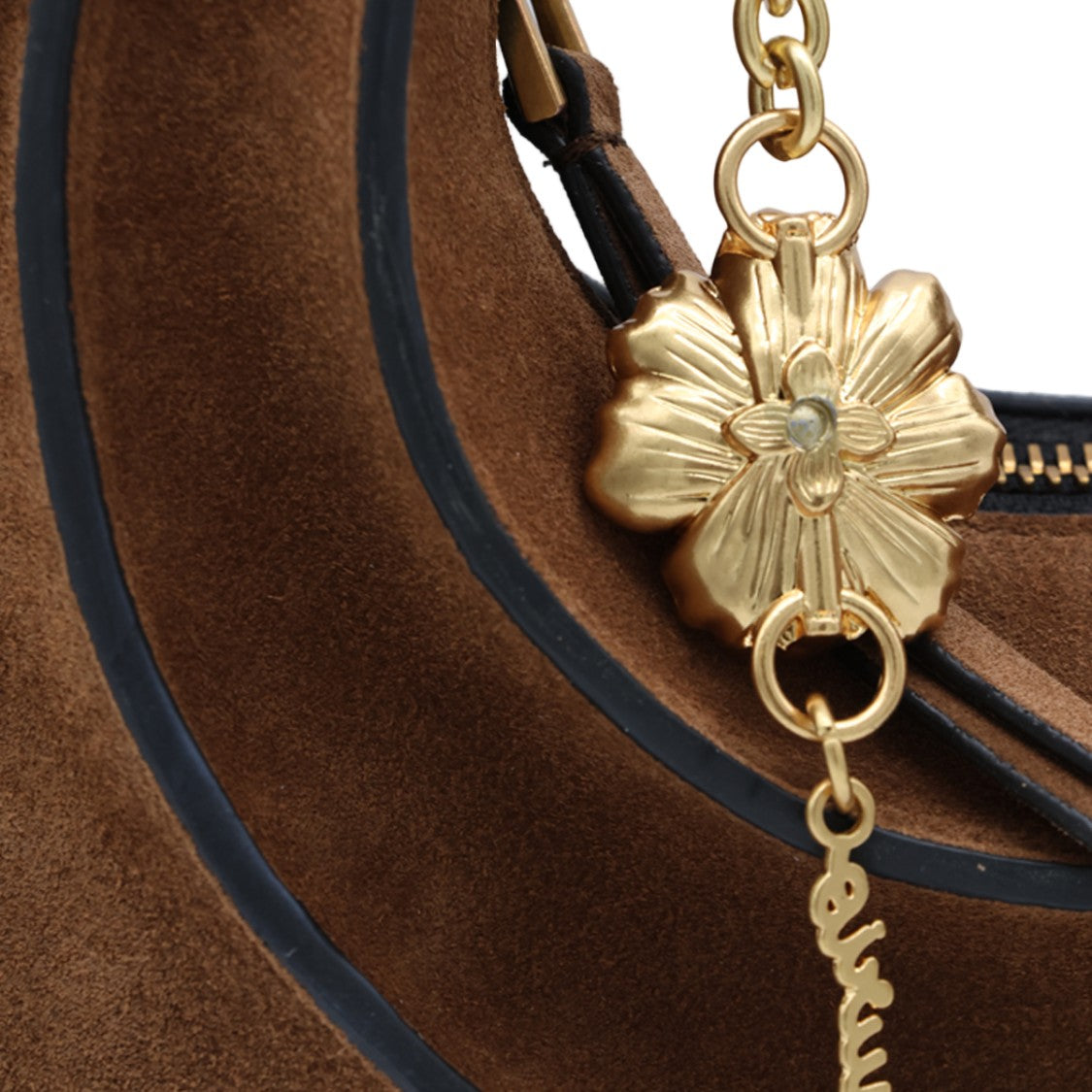 Farm Rio Crescent-Shaped Brown Suede Bag With Gold-Tone Accents