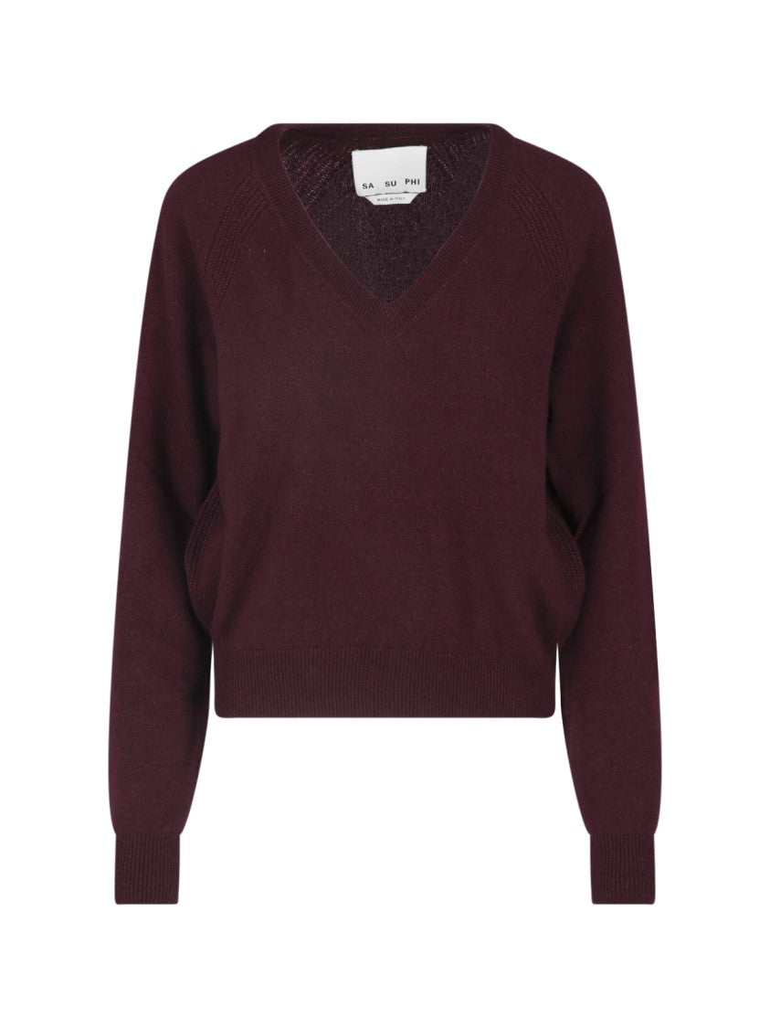 Sa Su Phi Deep Burgundy V-Neck Cashmere-Blend Sweater