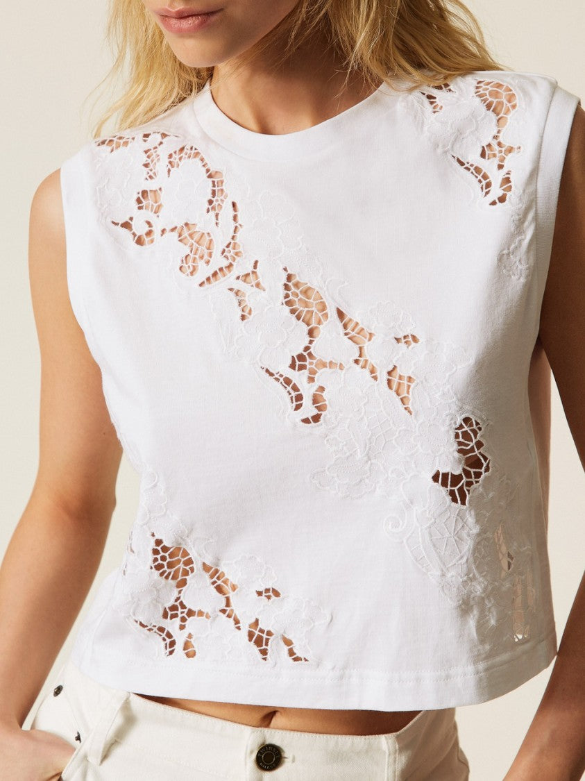 Twin-Set Intricate Floral Lace Cropped Top