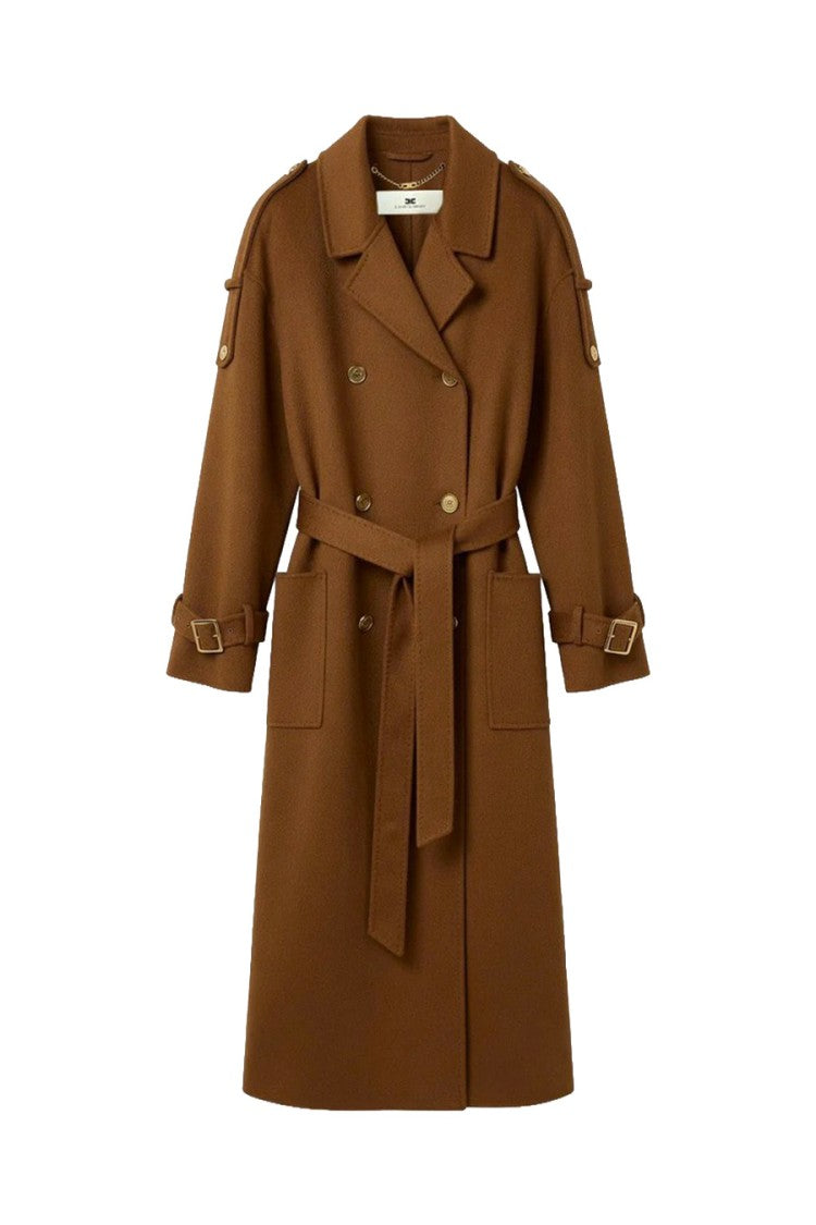 Elisabetta Franchi Cognac Double-Breasted Belted Wool Trench Coat