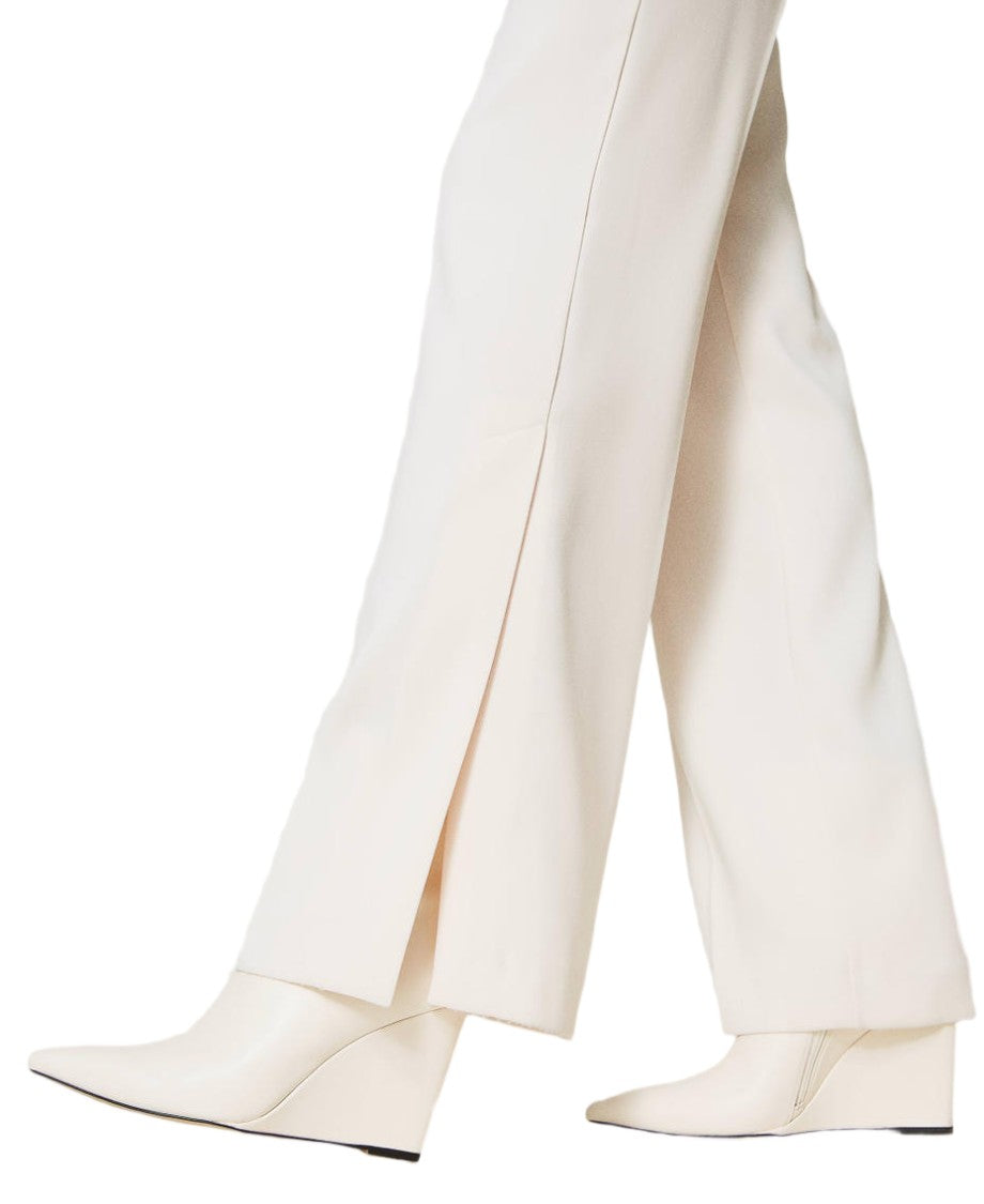 Twin-Set Old White Stretch Crêpe French Pockets Straight-Leg Pants