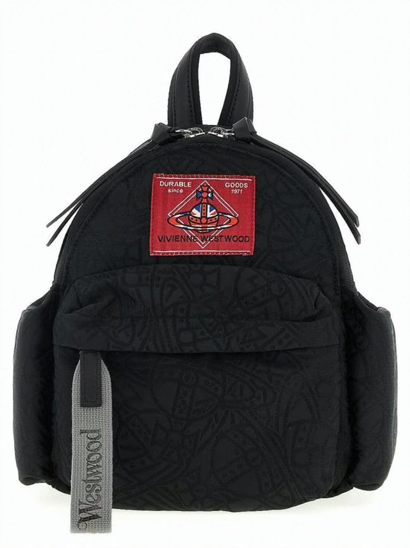 Vivienne Westwood Compact Black Backpack With Embossed Pattern And Graphic Logo