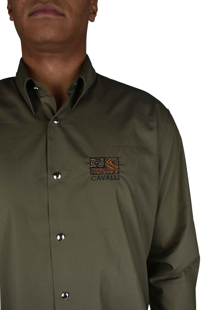 Roberto Cavalli Animal Patchwork Embroidered Khaki Shirt