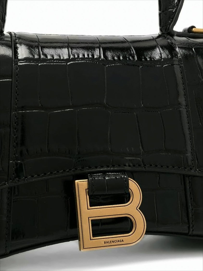 Balenciaga Glossy Black Crocodile-Embossed Shoulder Bag With Gold Logo Clasp