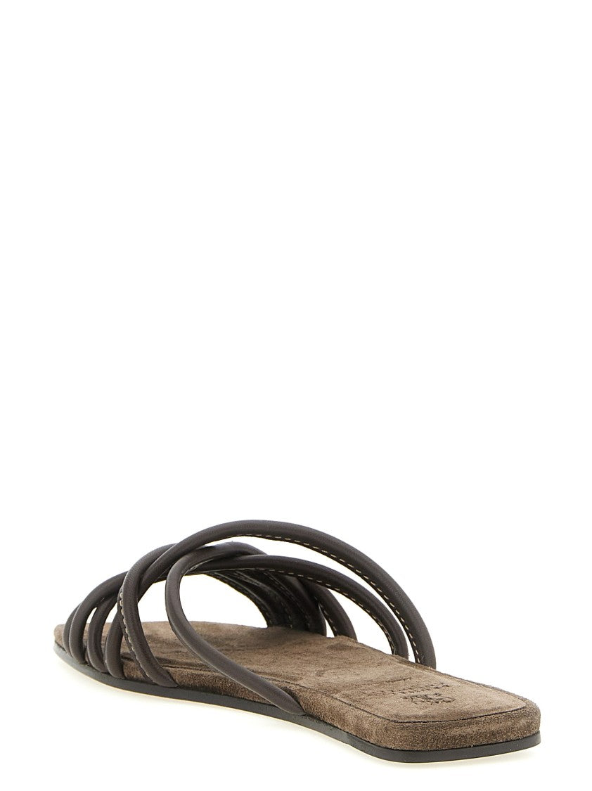 Brunello Cucinelli Brown Leather Slides With Minimalist Crisscross Straps