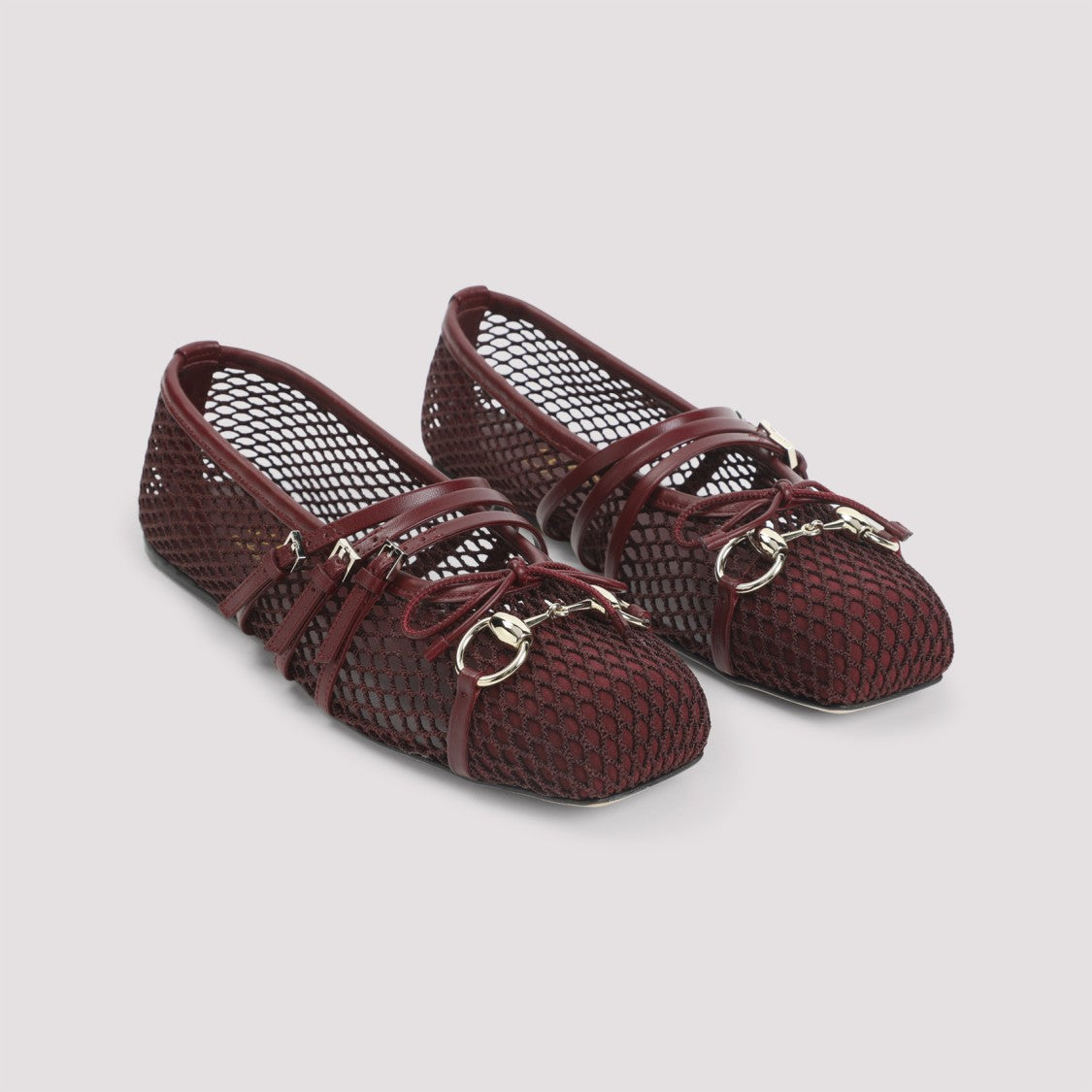 Gucci Burgundy Leather Ballerinas With Mesh Overlay And Buckle Detail