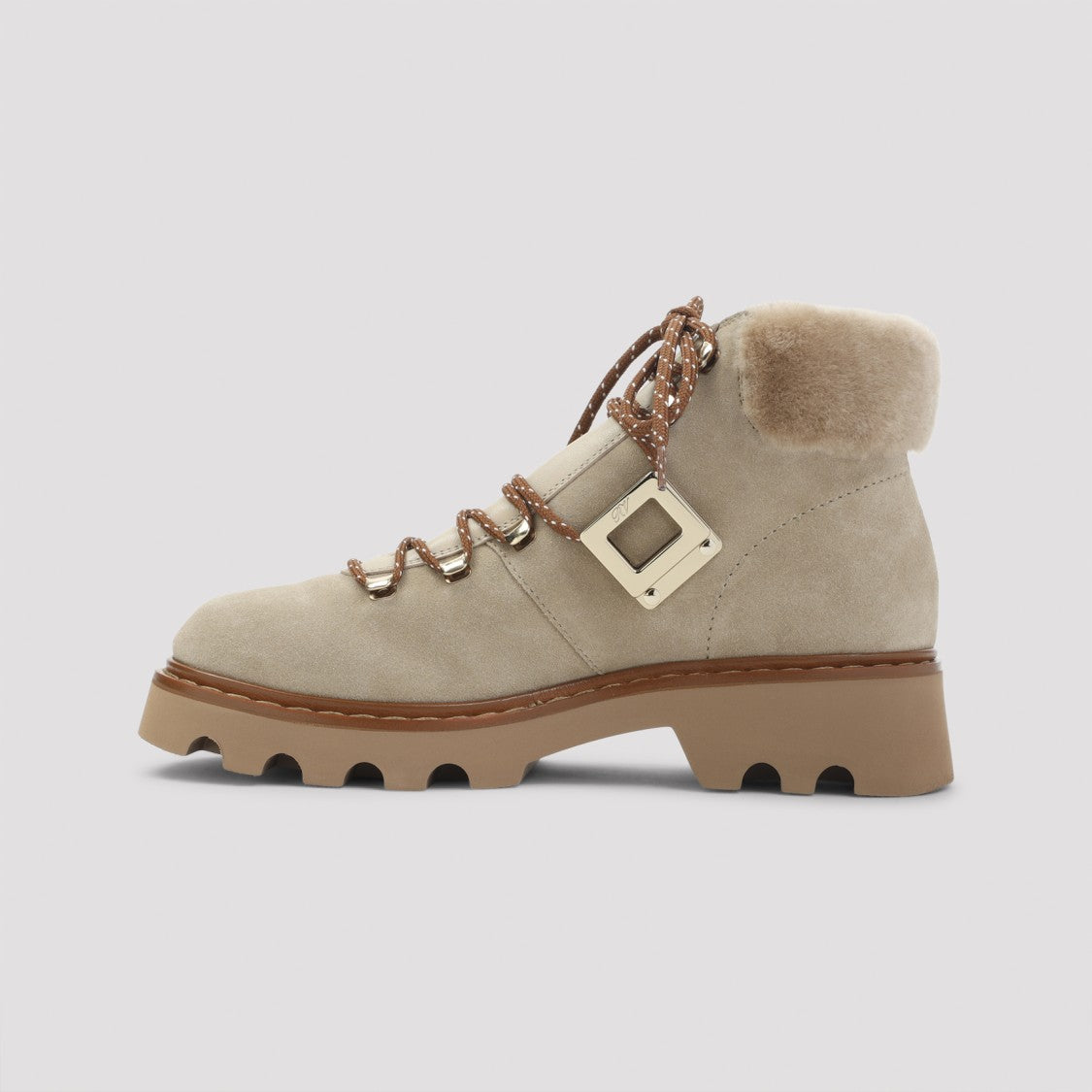 Roger Vivier Viv Rangers Track Fur Beige Suede Leather Boots