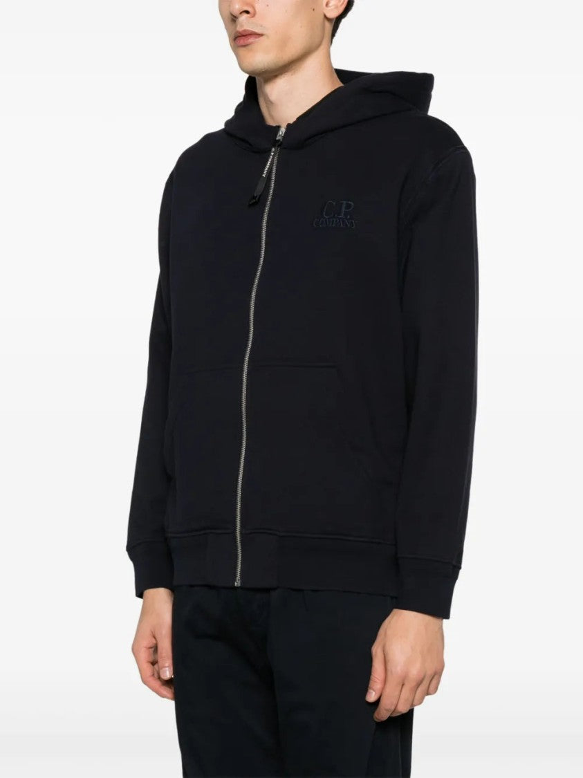 C.P. Company Navy Blue Zip-Up Hoodie With Drawstring Hood And Logo