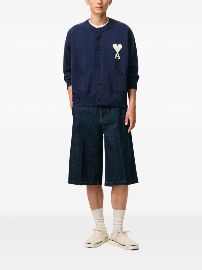 Ami Paris Blue Ribbed Button Front Patch Cardigan