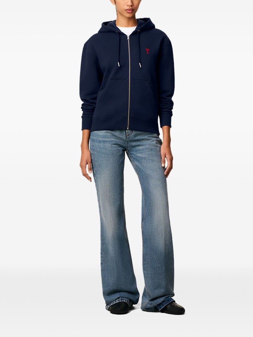 Ami Paris Navy Blue Zip-Up Hoodie With Drawstring Hood