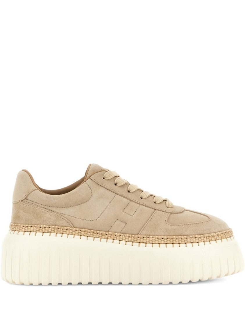 Hogan Beige Suede Sneakers With Thick Ridged Sole And Woven Trim