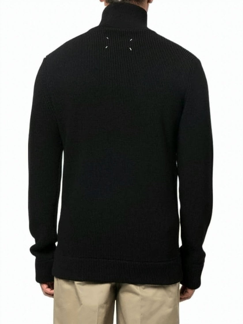 Maison Margiela Ribbed Knit Zip-Up Cardigan With High Collar And Silver Zipper
