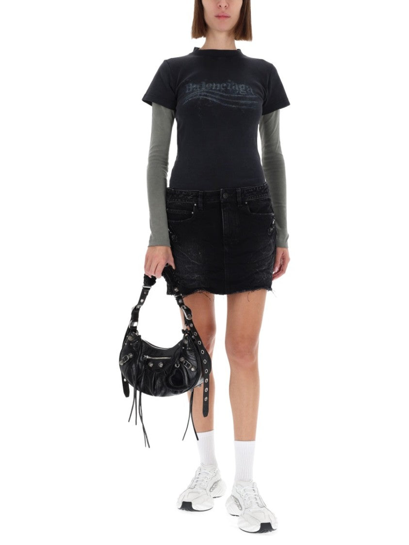 Balenciaga Mid-Waist Cotton Denim Miniskirt With Frayed Hem