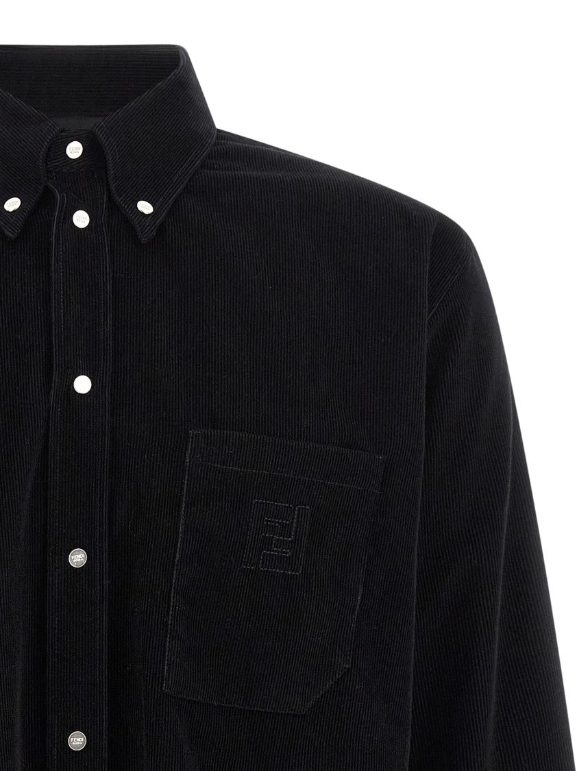 Fendi Textured Black Corduroy Shirt With Button-Down Collar And Embroidered Logo