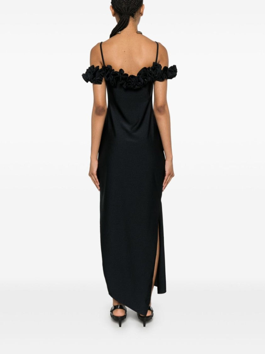 Coperni Black Asymmetric Ruffled Satin Slip Dress