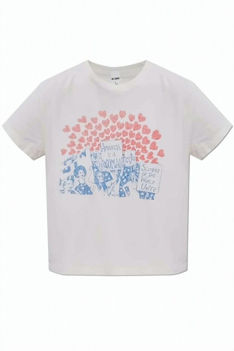 Re/Done Cropped Short-Sleeve T-Shirt With Graphic Print And Round Neckline