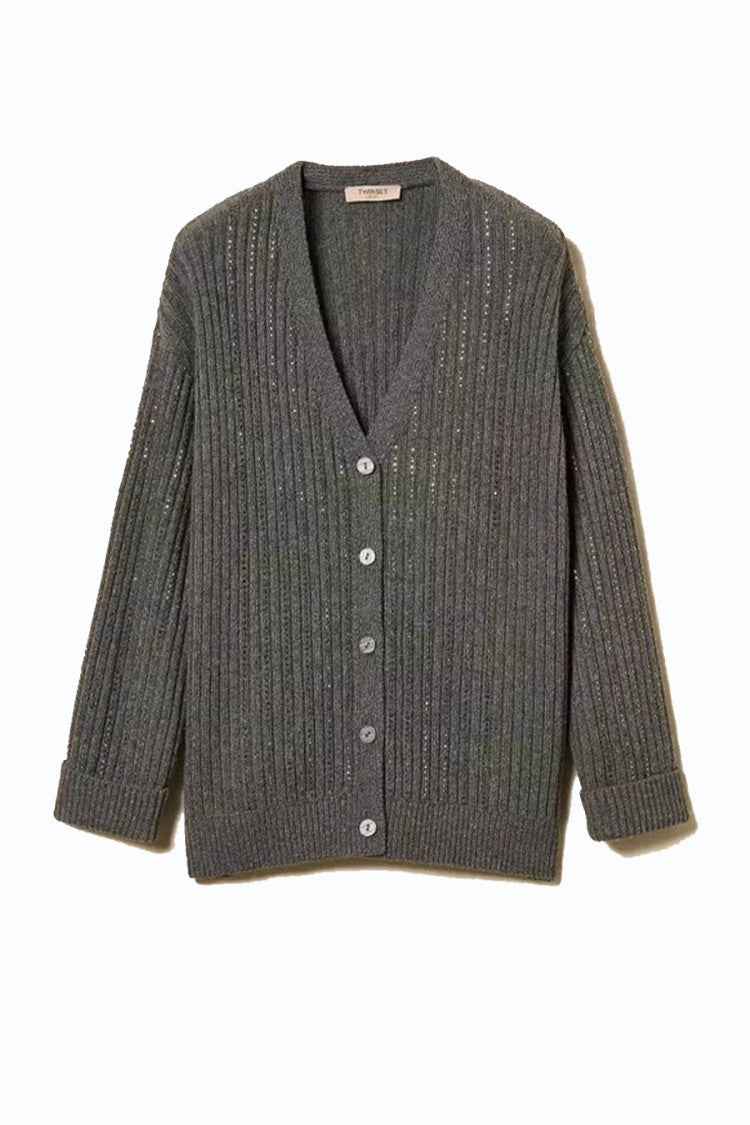 Twin-Set Grey Ribbed V-Neck Viscose-Blend Cardigan
