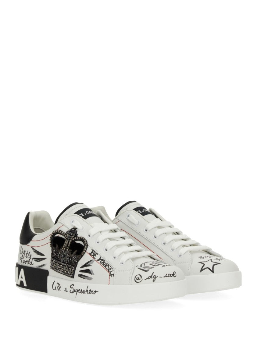Dolce & Gabbana White Portfino Graffiti Printed Leather Sneakers