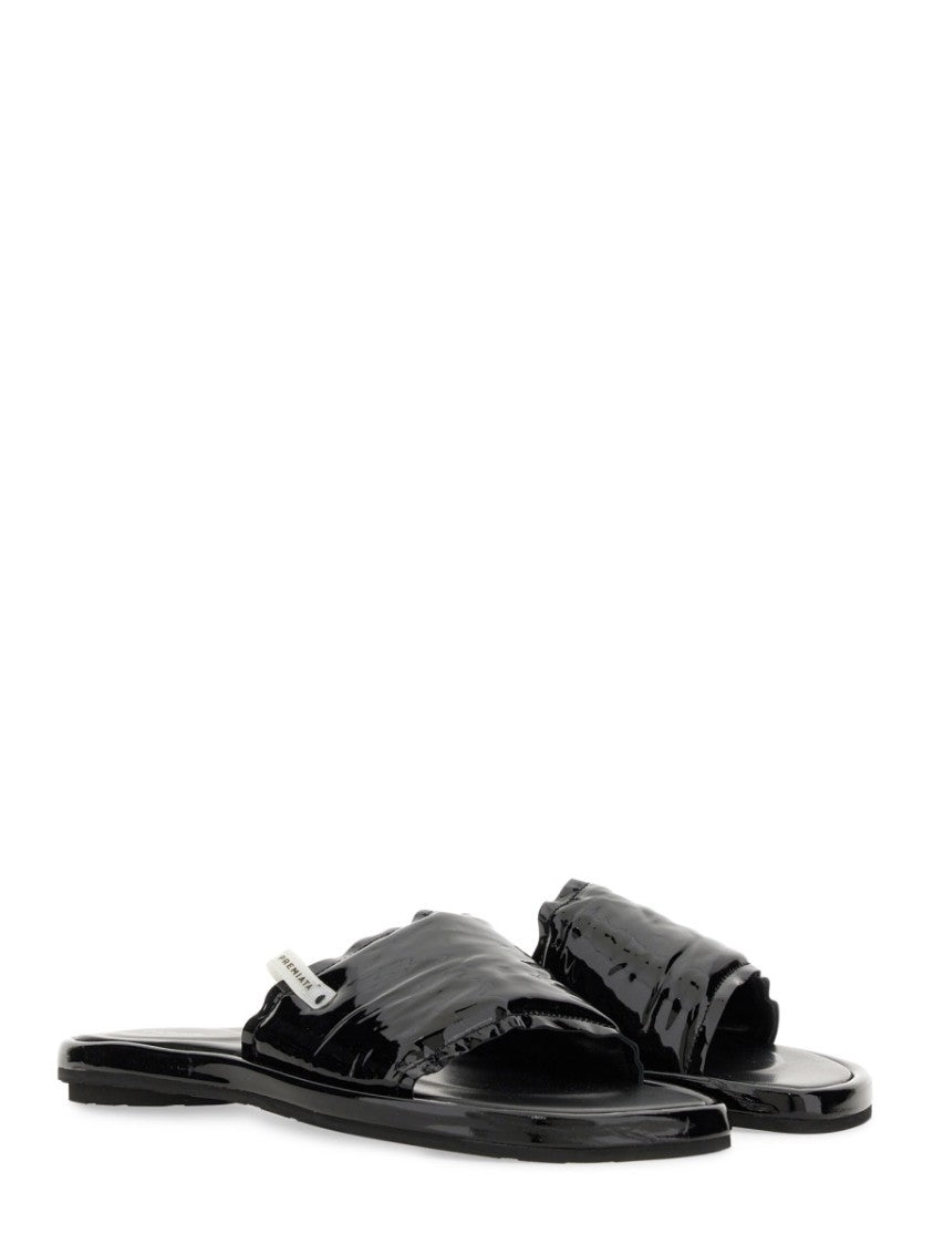 Premiata Black Lamb Leather Slide Sandal With Glossy Finish