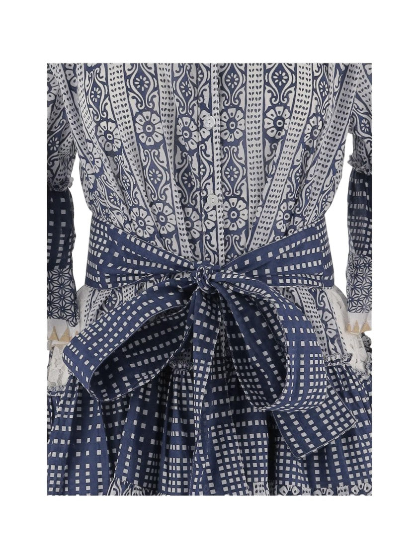 Pep's Cannes Short Cotton Dress With Geometric Pattern And Ruffled Skirt