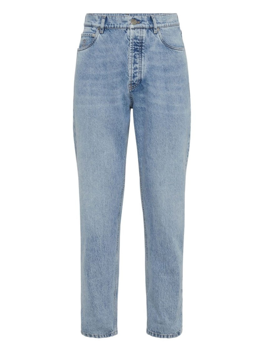 Brunello Cucinelli Light Blue Denim Trousers With Tapered Leg And Five-Pocket Design