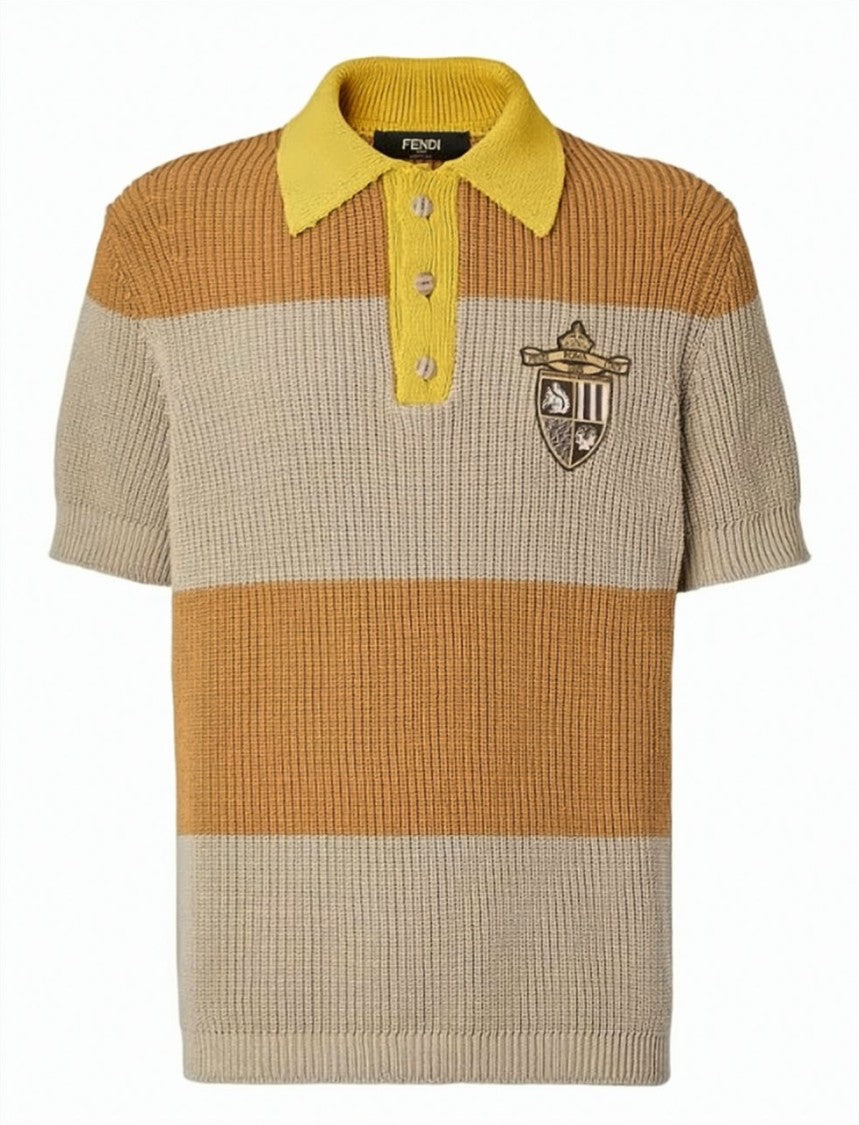 Fendi Short-Sleeved Polo Shirt With Horizontal Stripes And Crest Emblem