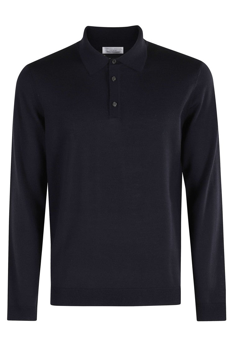 Roberto Collina Navy Button-Down Ribbed Merino Wool Polo Shirt