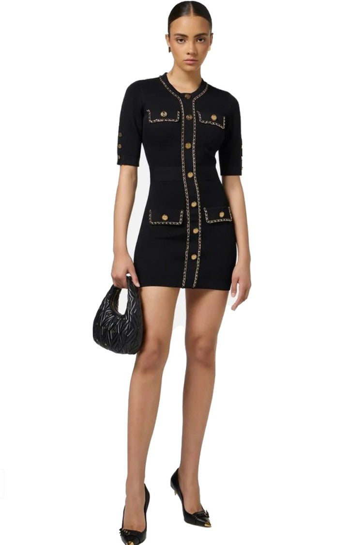 Elisabetta Franchi Fitted Black Mini Dress With Button-Down Front And Gold-Chain Detailing