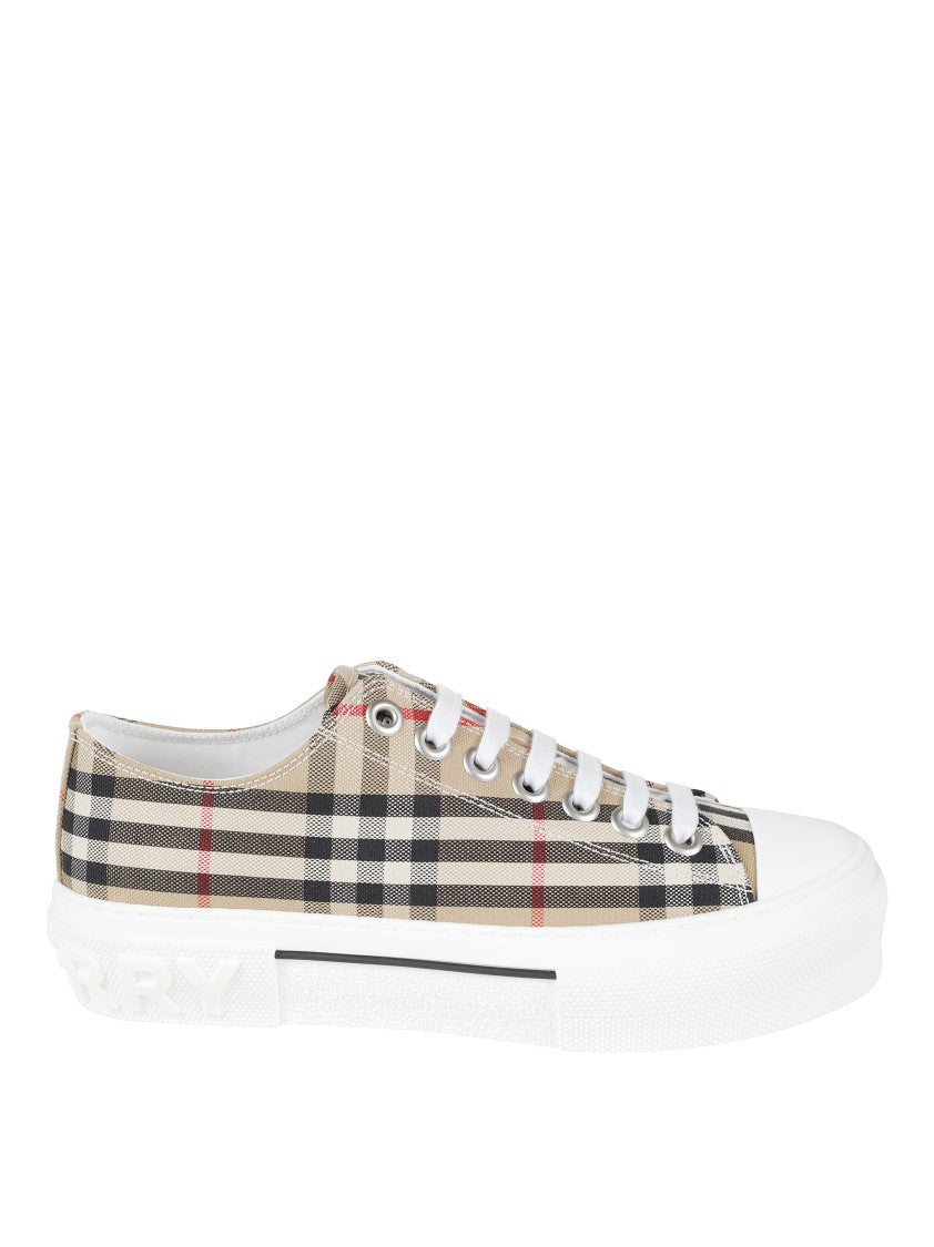 Burberry Beige Sneakers With Classic Check Pattern And White Rubber Sole