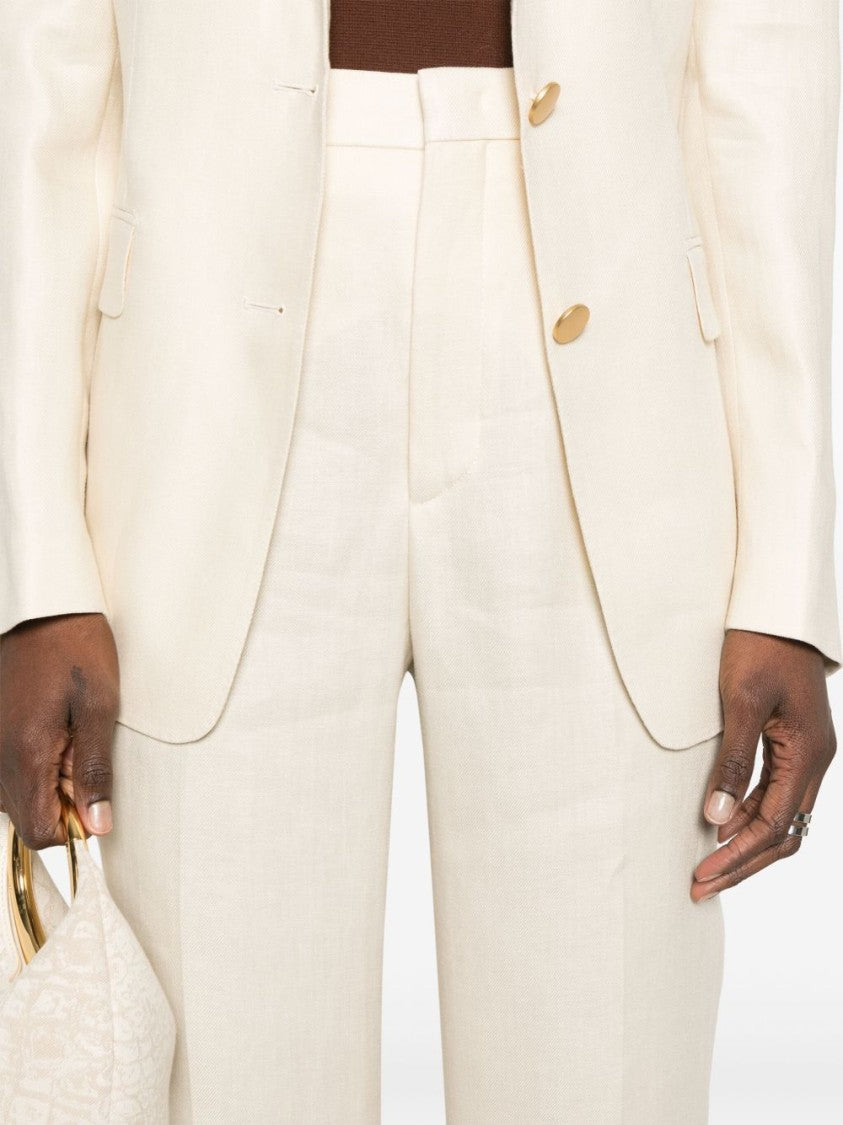 Tagliatore Ecru Linen Tailored Suit With Wide-Leg Trousers