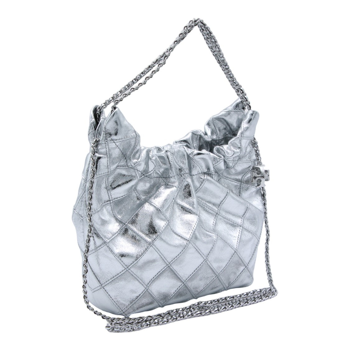 Tory Burch Quilted Metallic Silver Handbag With Chain Strap