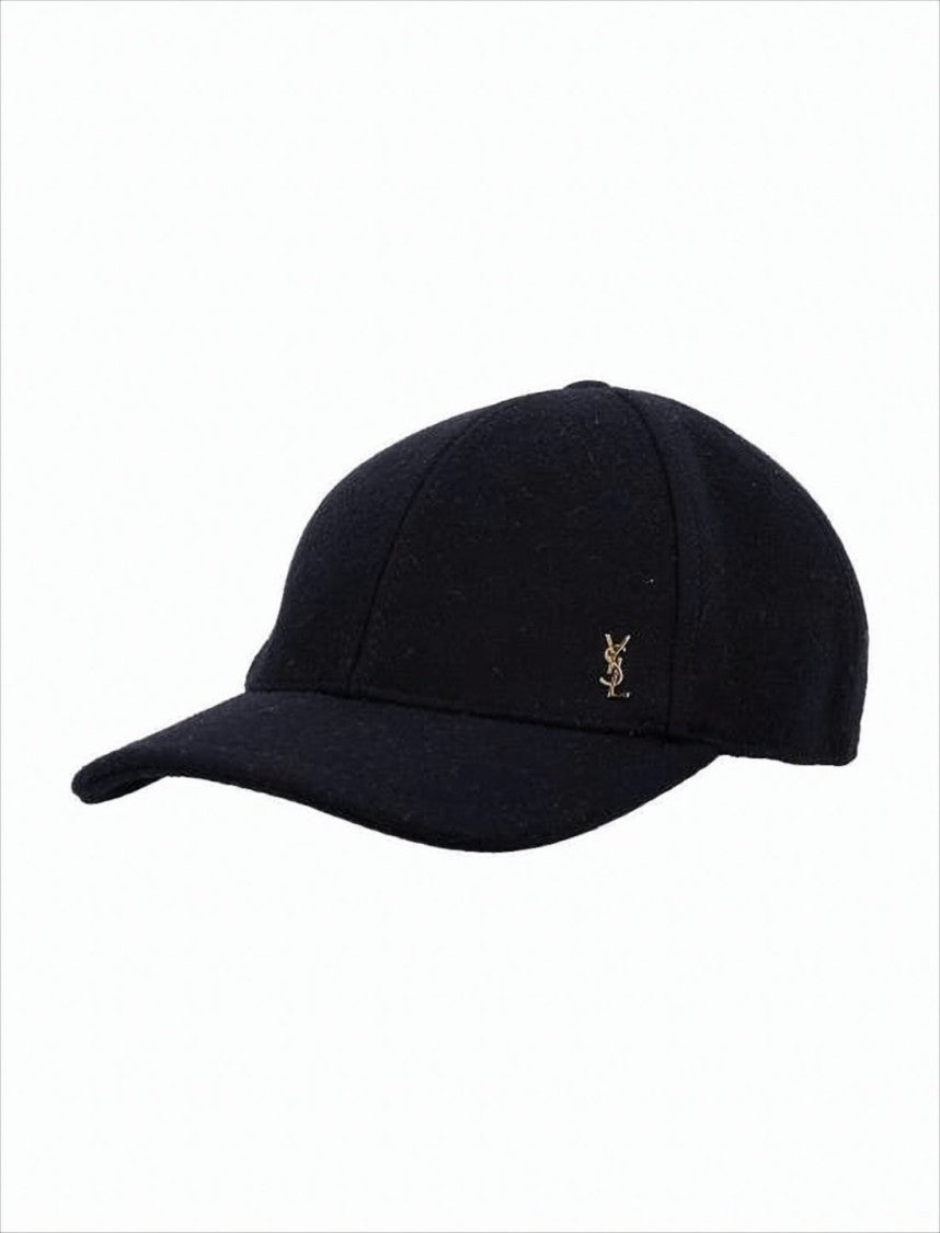 Saint Laurent Structured Black Wool Cap With Metallic Logo