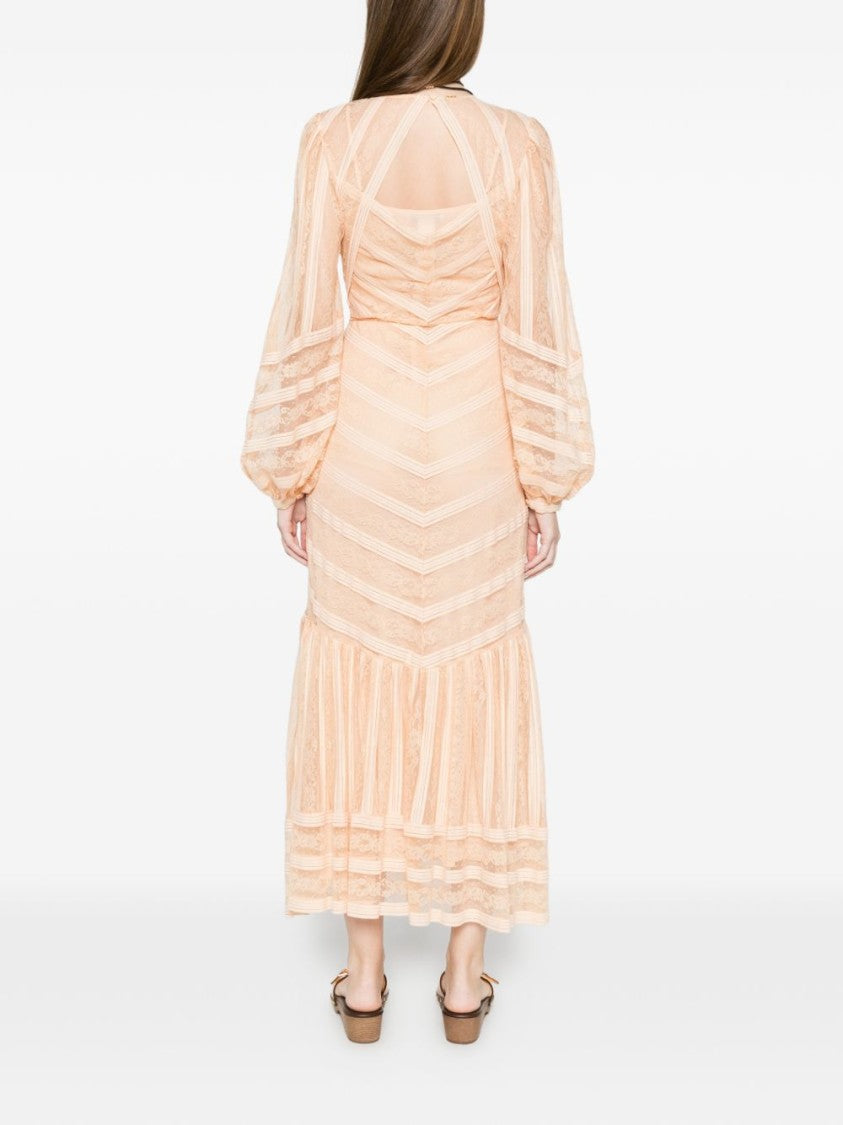 Twin-Set Pink Striped Lace Ruffle Hem Maxi Dress