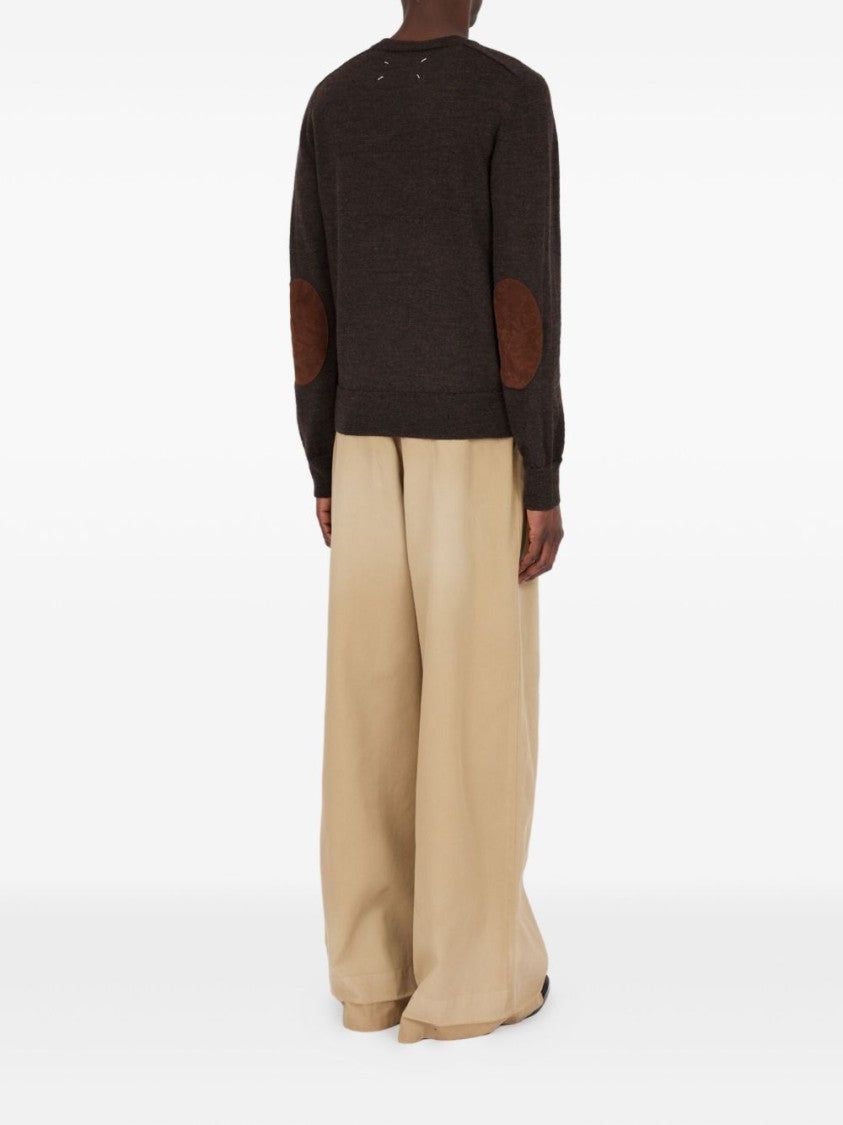 Maison Margiela Brown Crew Neck Sweater With Elbow Patches And Fitted Waist