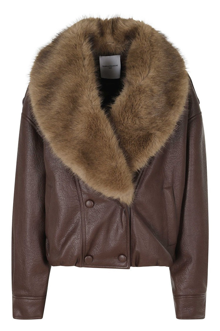 Isabelle Blanche Brown Faux Leather Fur Collar Bomber Jacket