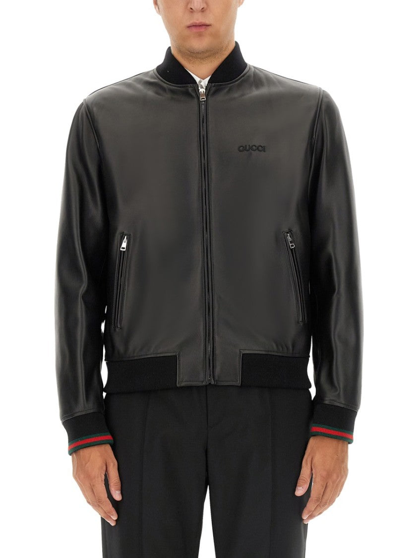 Gucci Smooth Lamb Leather Bomber Jacket With Ribbed Details