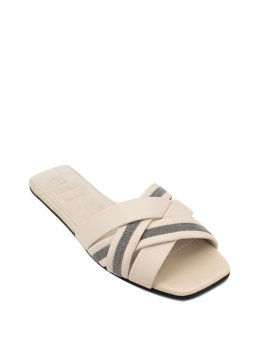 Brunello Cucinelli Ruthenium Ivory Slides With Monile Embroidery And Comfortable Fit