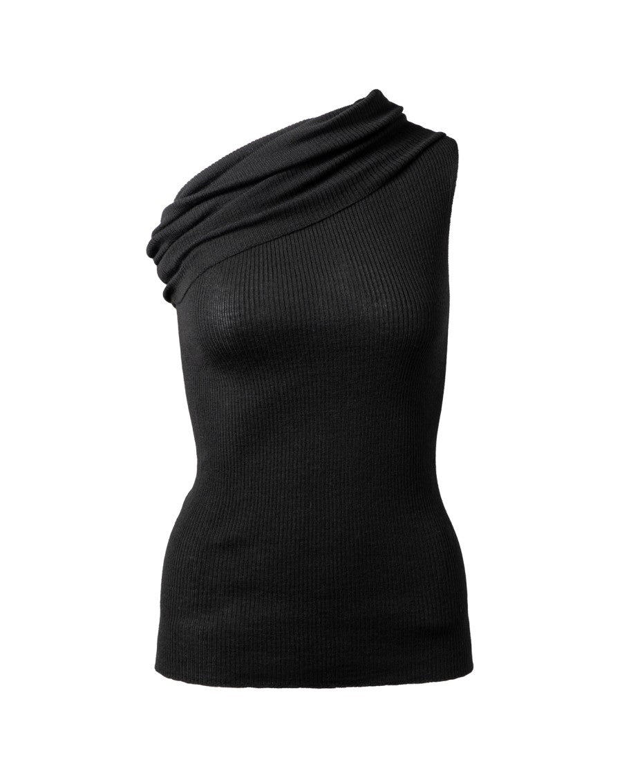 Rick Owens One-Shoulder Black Ribbed Athena Top