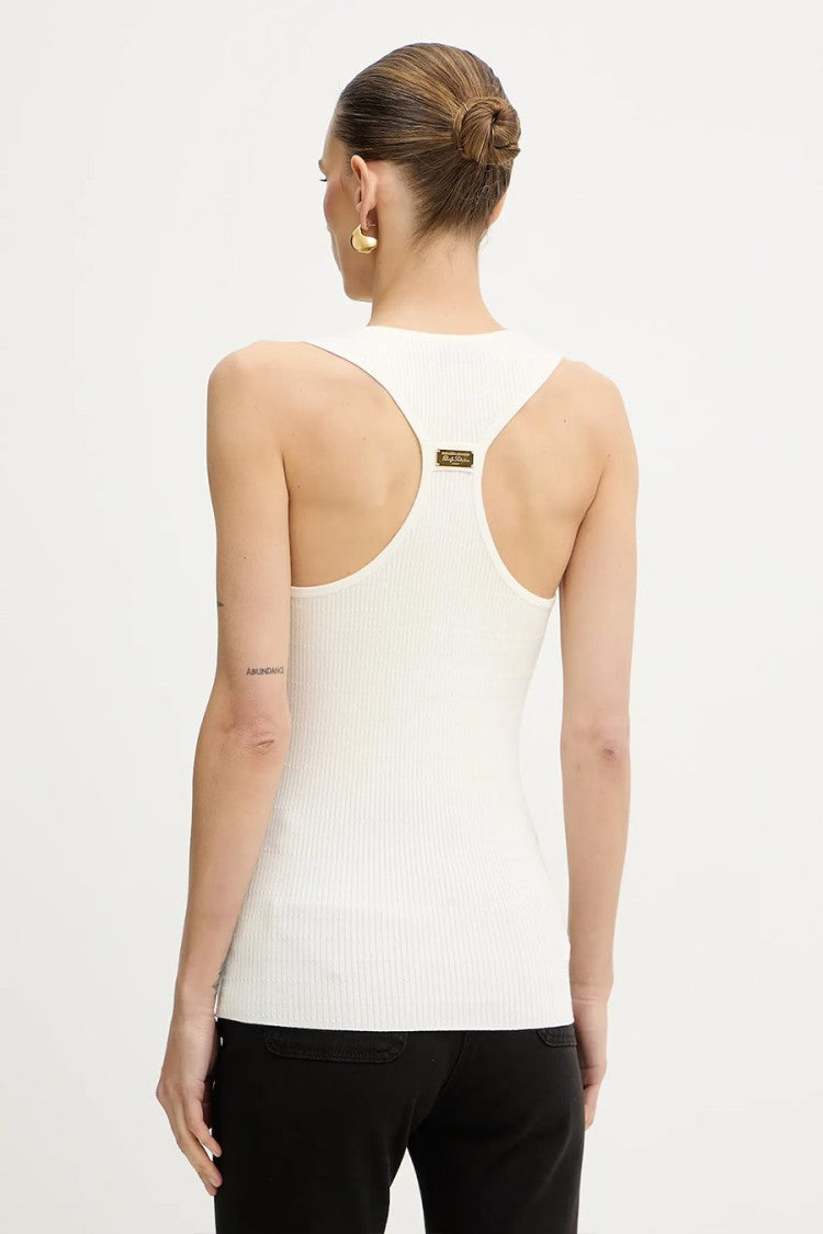 Elisabetta Franchi Ivory Button Placket Racerback Lyocell-Blend Tank Top