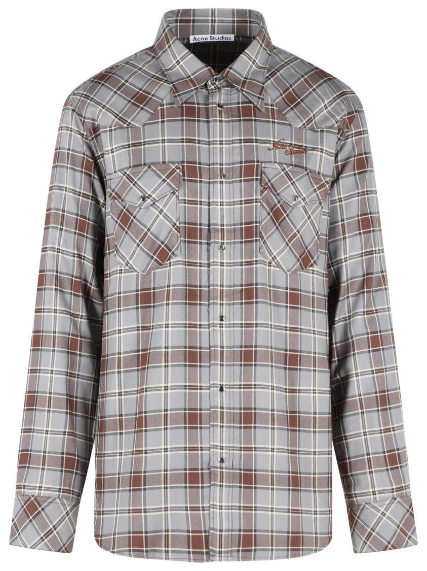 Acne Studios Grey Checkered Pointed-Collar Viscose Shirt