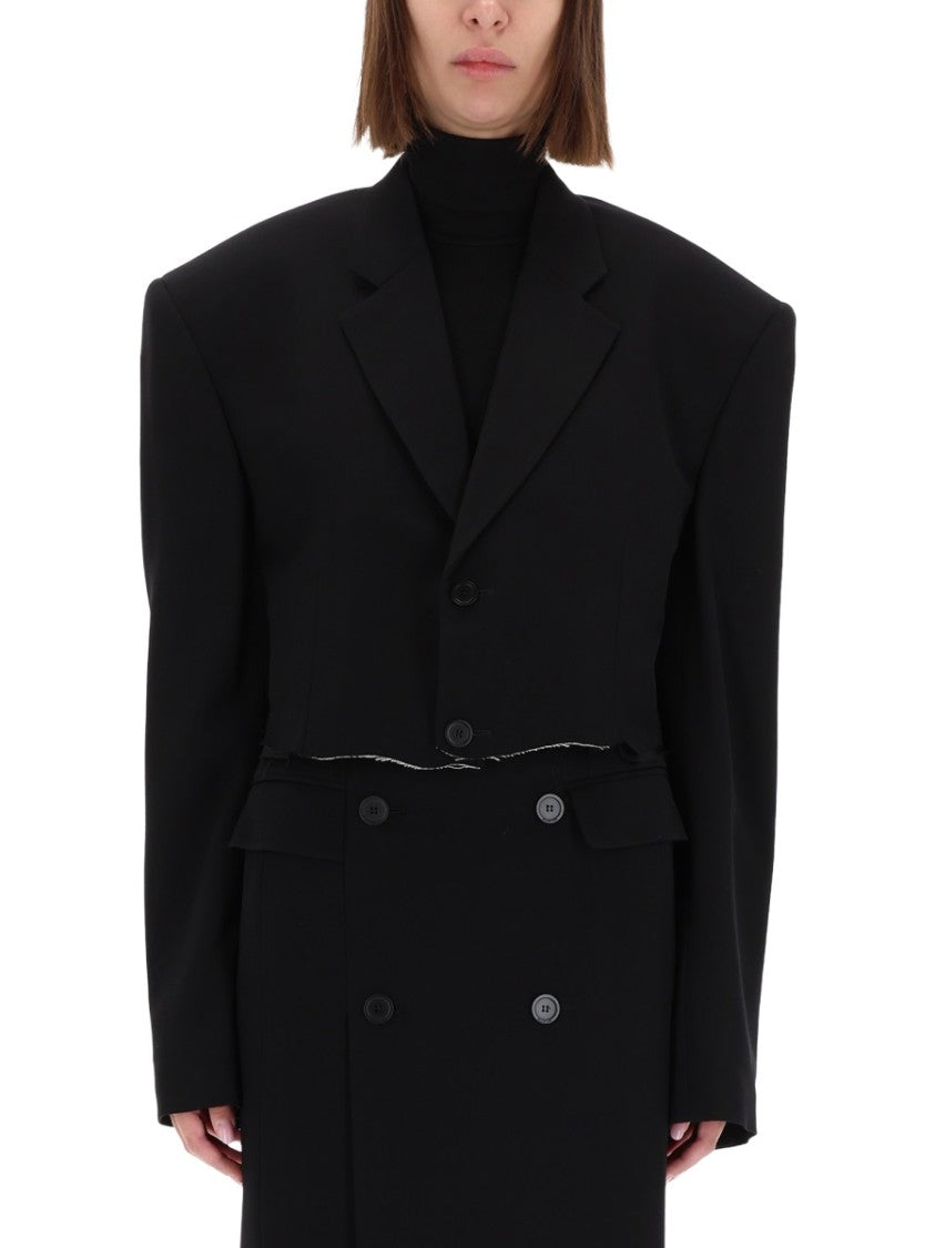 Balenciaga Single Breasted Cropped Jacket With Broad Shoulders And Raw Hemline