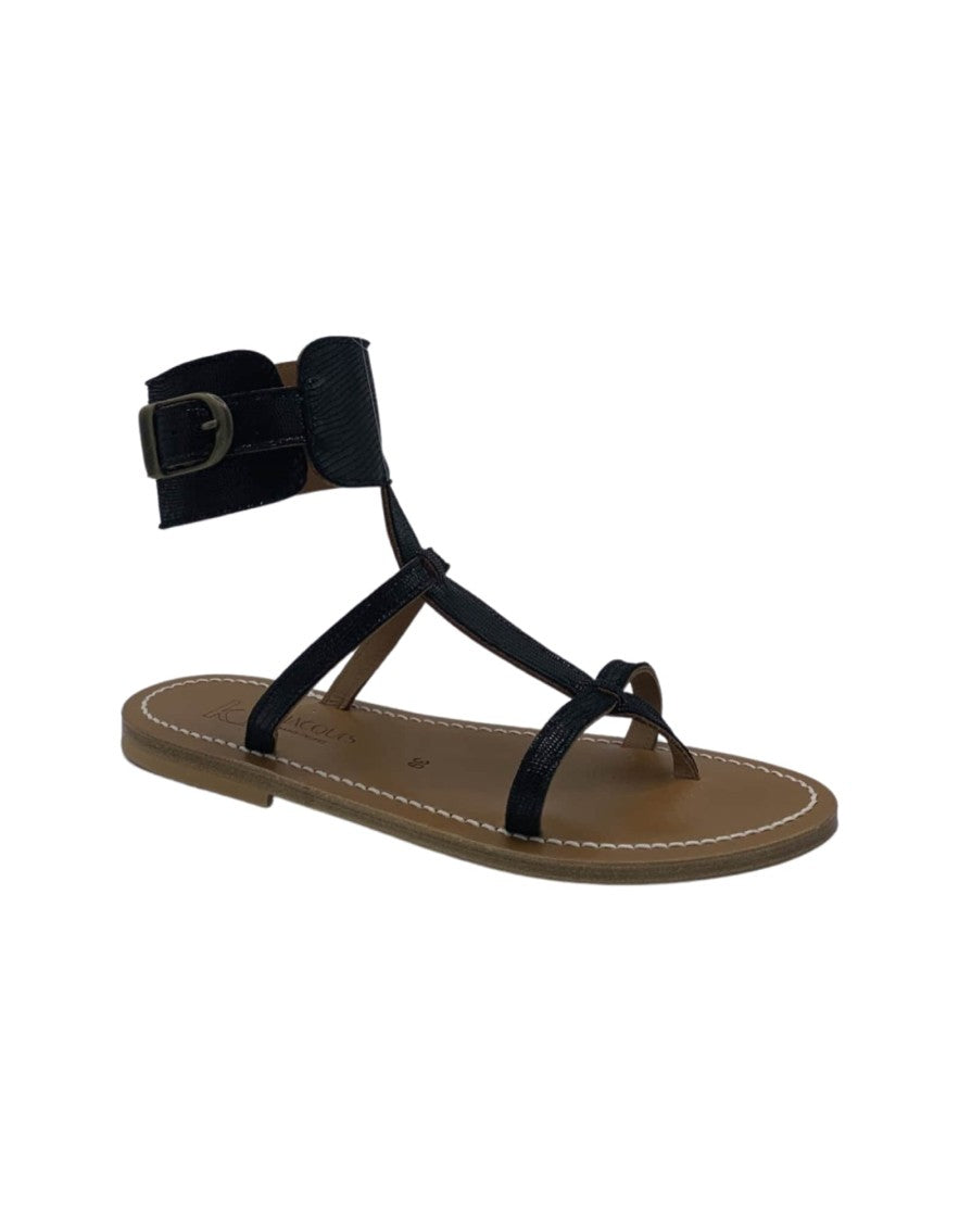 K Jacques St Tropez Black Minimalist Sandals With Ankle Strap